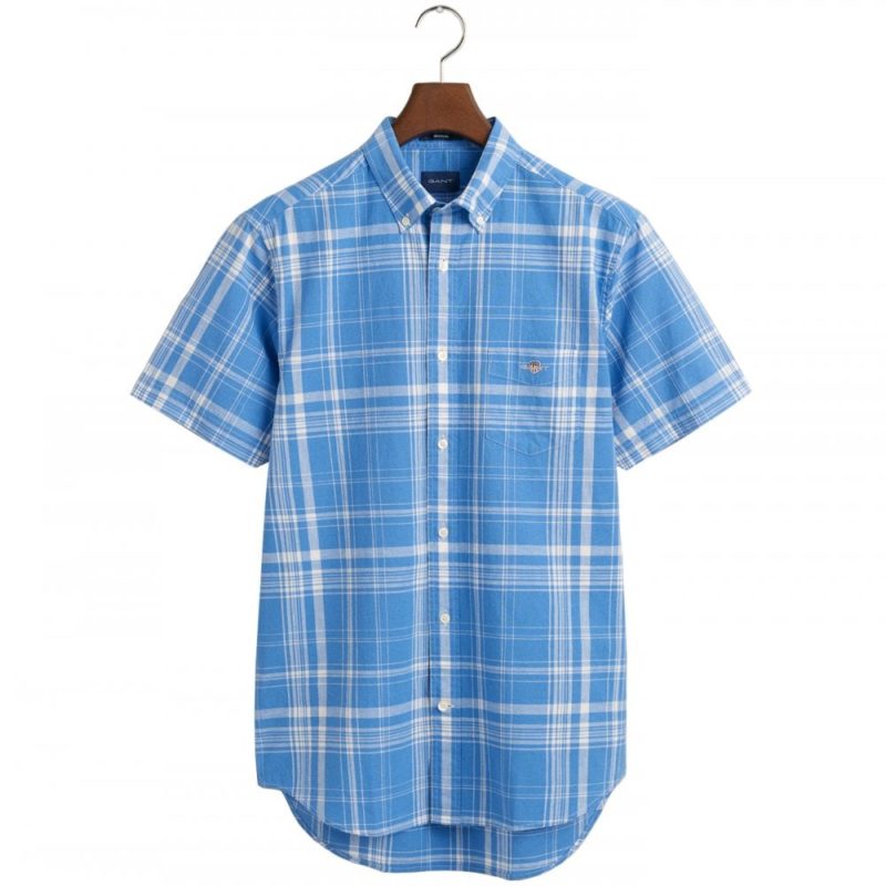 Gant Men's Regular Fit Check Cotton Linen Short Sleeve Shirt - (Blue) | 1