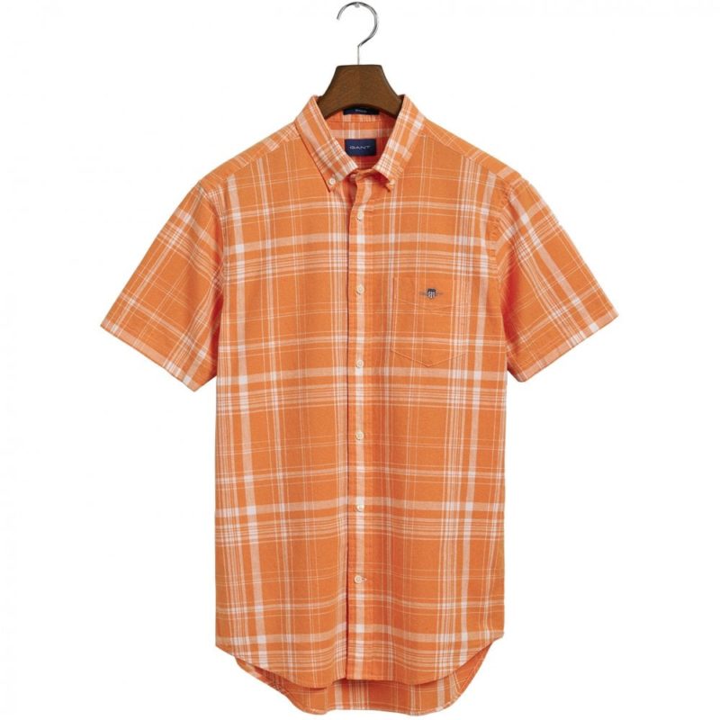 Gant Men's Regular Fit Check Cotton Linen Short Sleeve Shirt - (Apricot Orange) | 1