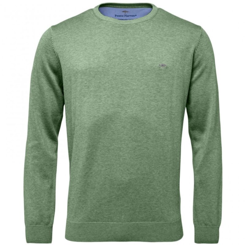 Fynch Hatton Superfine 3 Ply Cotton Crew Neck Sweater (Summer Green) | 1
