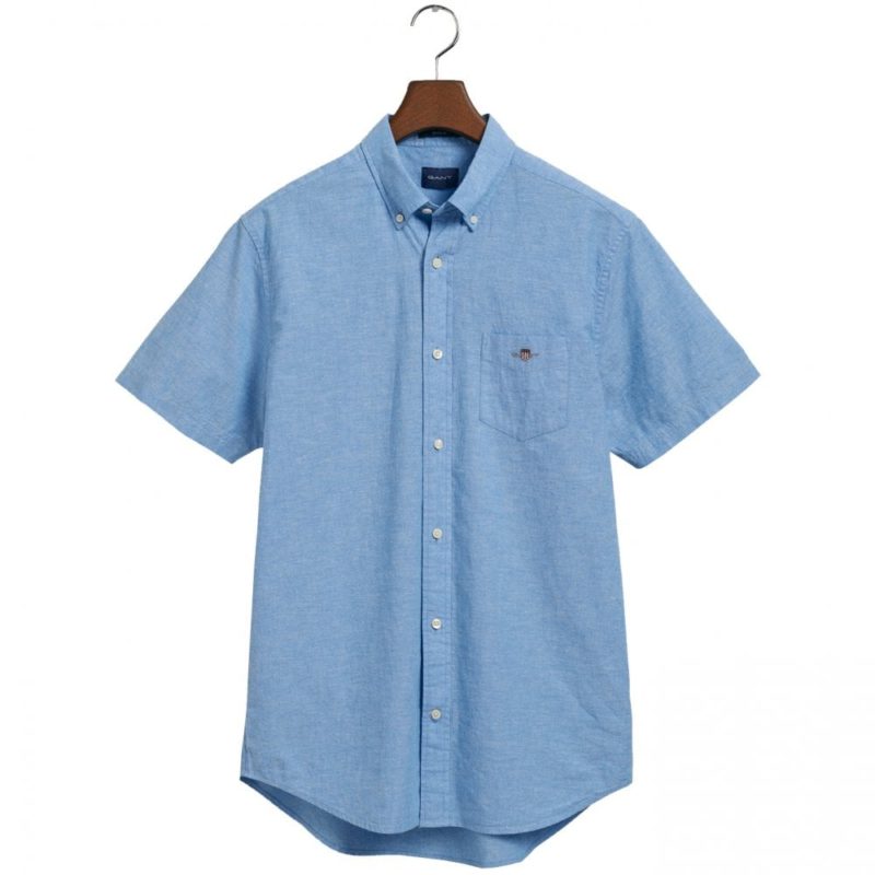 Gant Men's Regular Fit Cotton Linen Short Sleeve Plain Shirt - (Day Blue) | 1