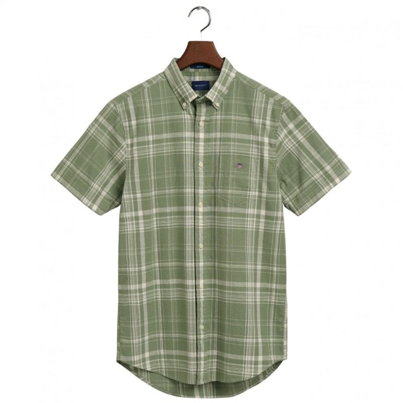 Gant Men's Regular Fit Check Cotton Linen Short Sleeve Shirt - (Kalamata Green) | 1