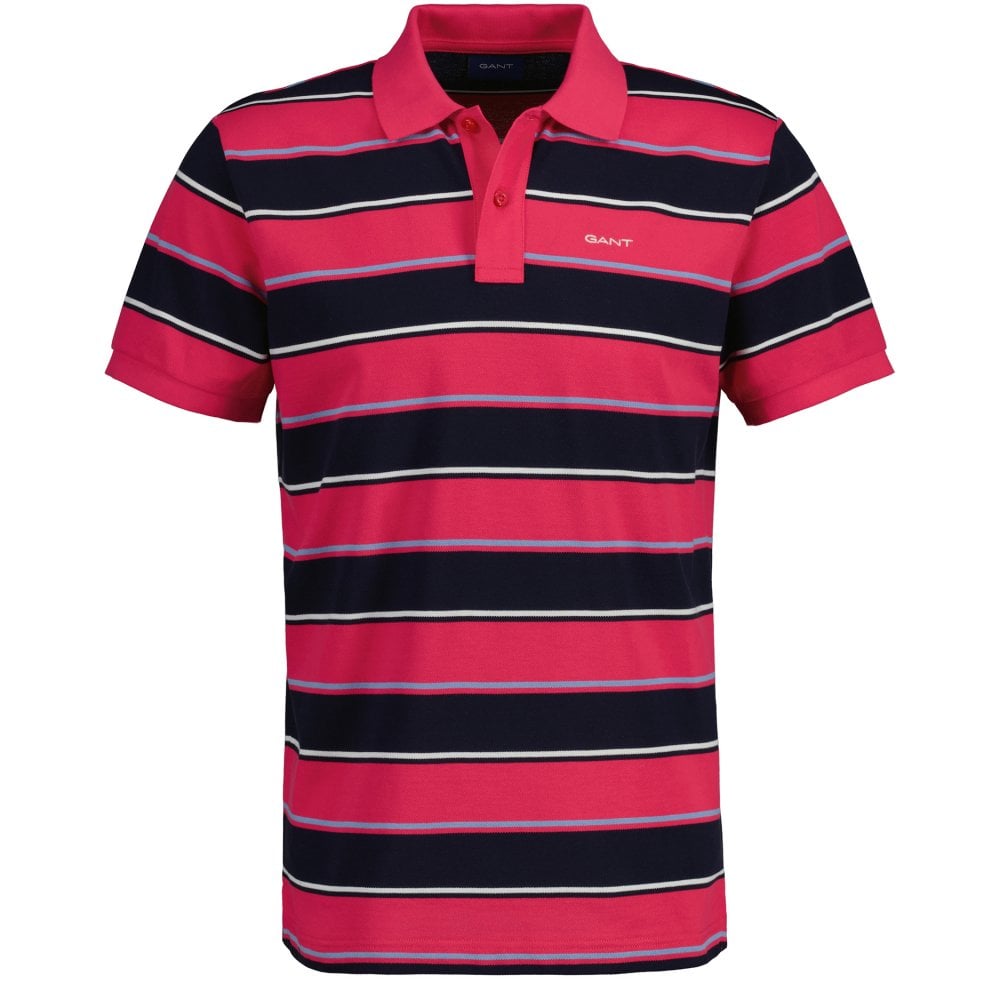 Gant Men's Multi Stripe Pique Polo Shirt - (Magenta Pink) | 6