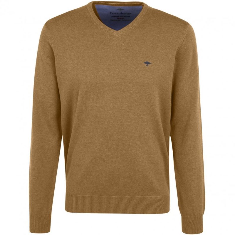 Fynch Hatton Superfine 3 Ply Cotton V-Neck Sweater (Camel) | 1