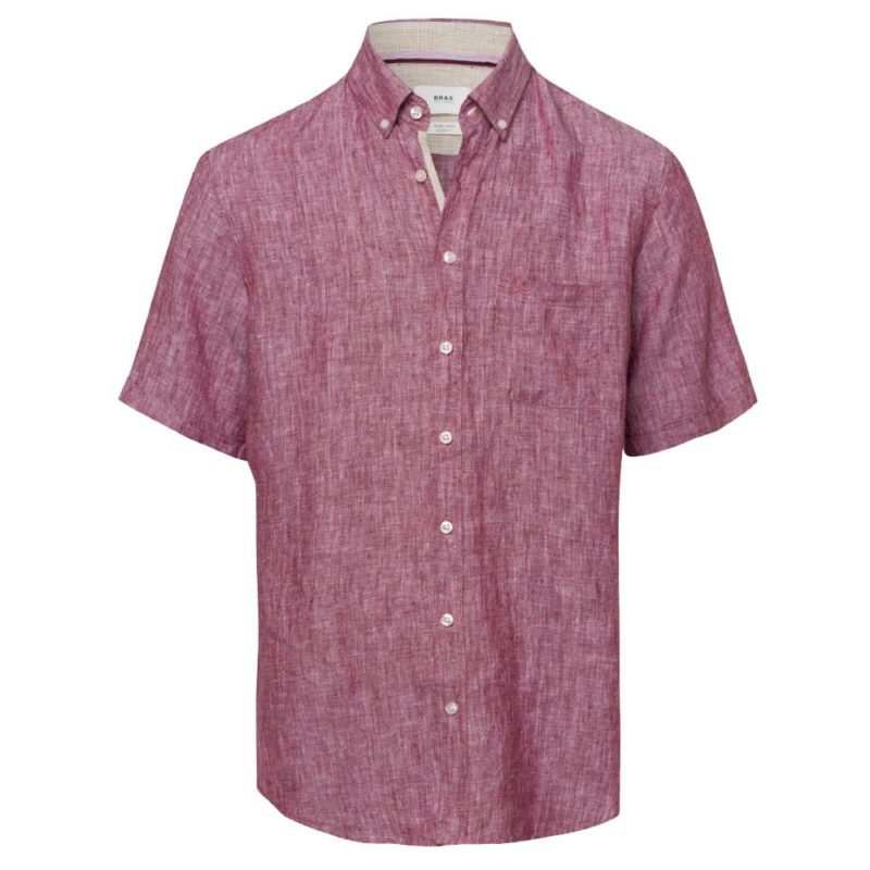 Brax Dan Solid Linen Short Sleeve Shirt (Red) | 1