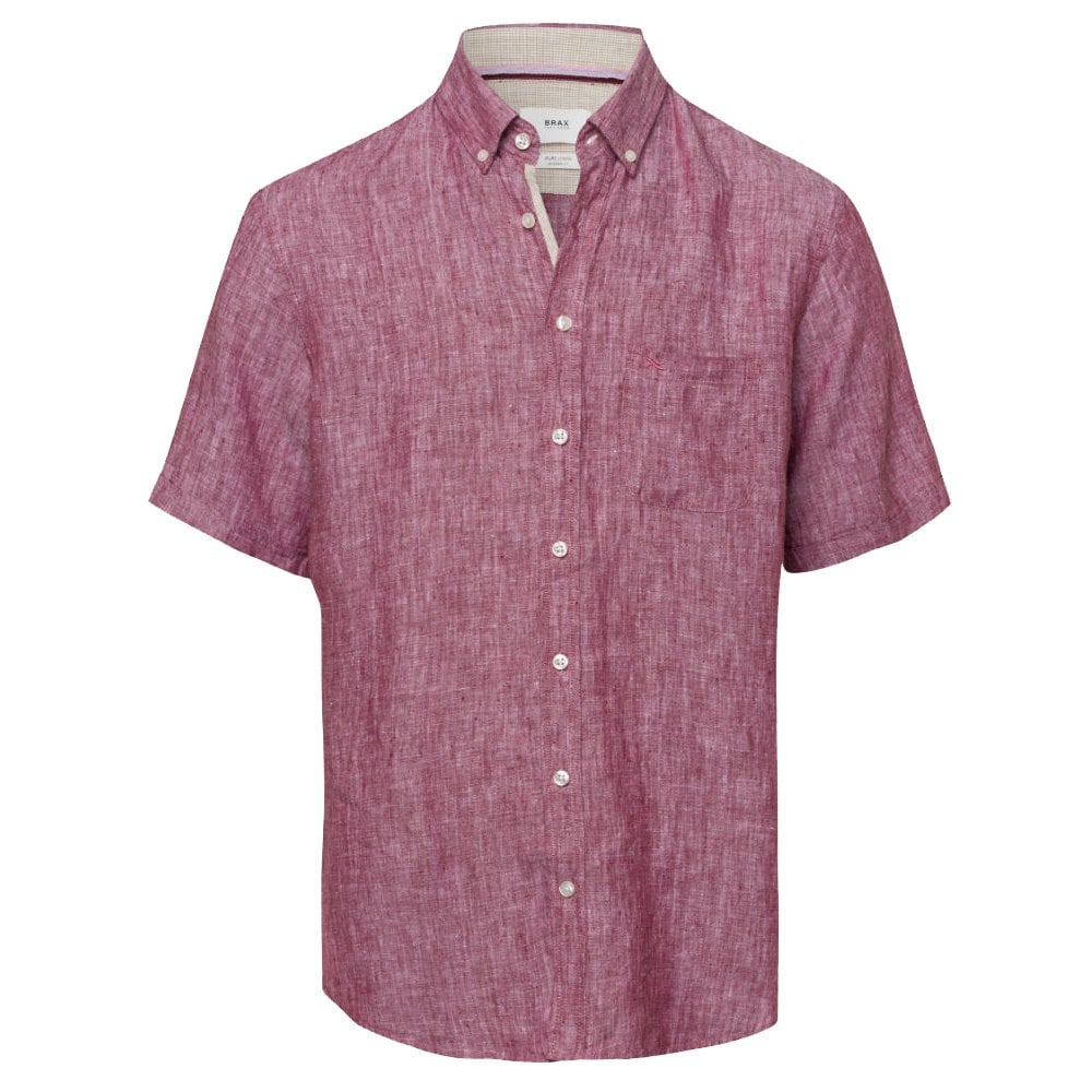 Brax Men's Dan Solid Linen Short Sleeve Shirt - (Red) | 6