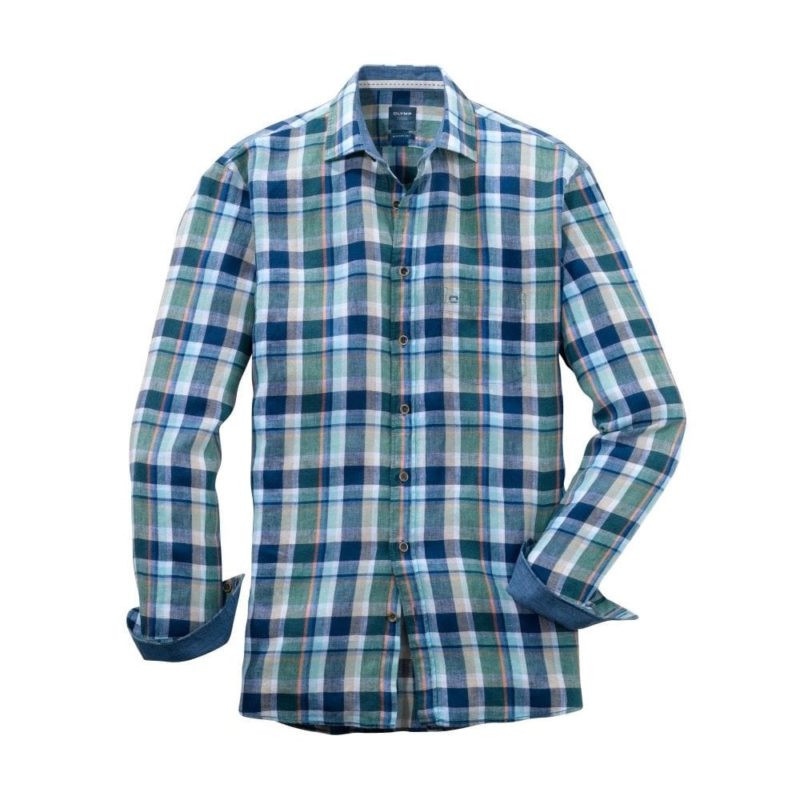 Olymp Casual Pure Linen Long Sleeve Check Shirt (Green/Blue) | 1