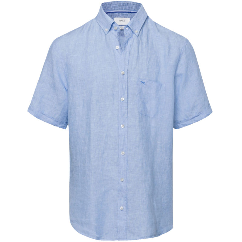 Brax Men's Dan Solid Linen Short Sleeve Shirt - (Blue) | 1