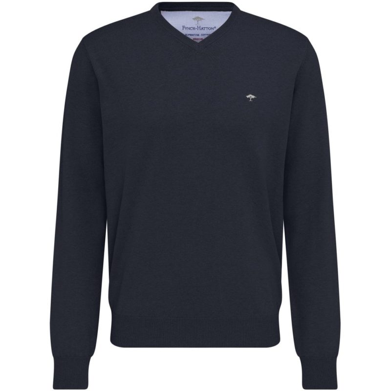 Fynch Hatton Superfine 3 Ply Cotton V-neck Sweater (Navy) | 1