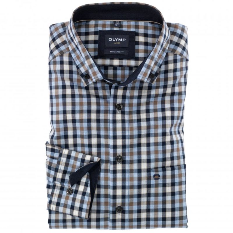 Olymp Men's Luxor Modern Fit Checked Shirt - (Blue/Brown) | 1