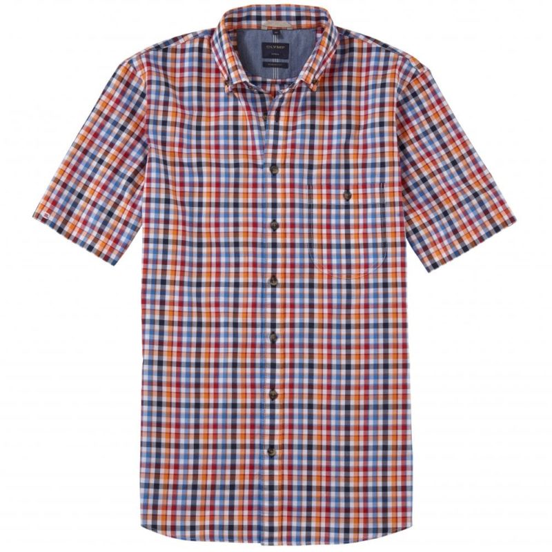 Olymp Casual Modern Fit Short Sleeve Check Shirt (Orange) | 1
