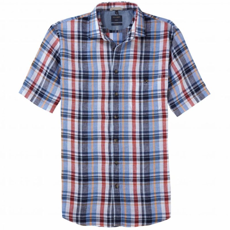 Olymp Casual Modern Fit Linen Check Shirt (Red/Navy) | 1