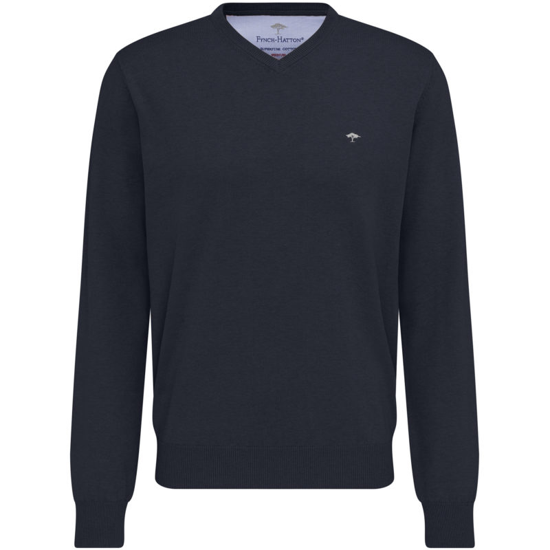 Fynch Hatton Men's Superfine 3 Ply Cotton V-neck Sweater - (Navy) | 1