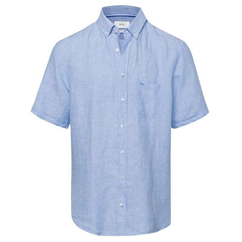 Brax Dan Solid Linen Short Sleeve Shirt (Blue) | 1