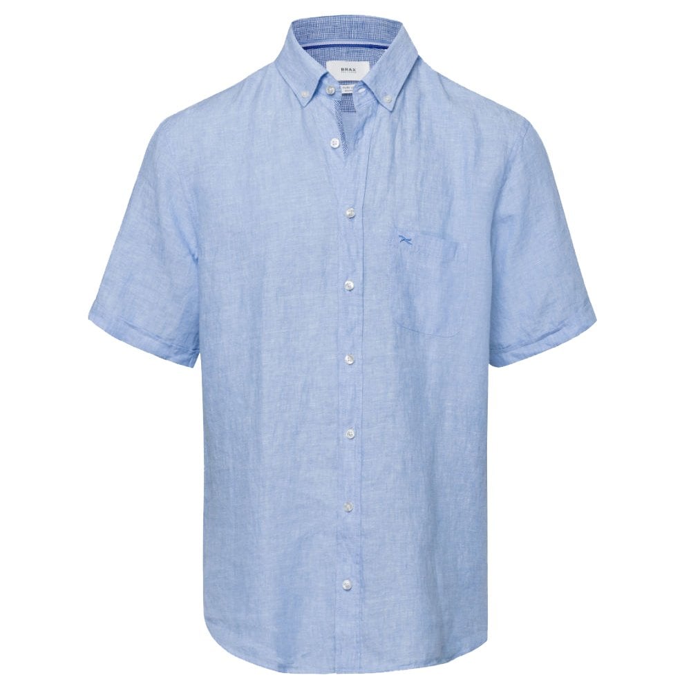 Brax Men's Dan Solid Linen Short Sleeve Shirt - (Blue) | 5