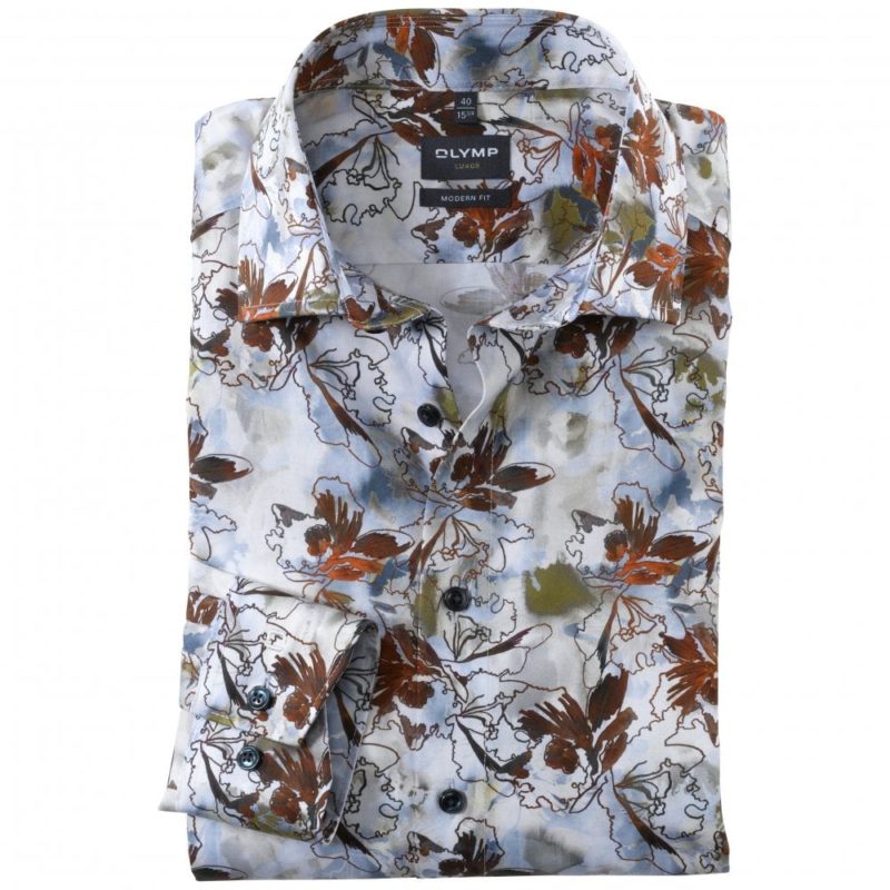 Olymp Men's Luxor Modern Fit Leaf Print Shirt - (Orange) | 1