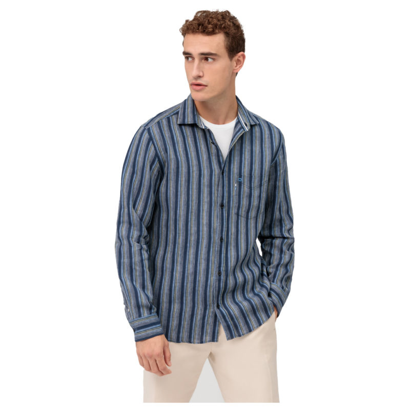 Olymp Men's Regular Fit Casual Linen Stripe Shirt - (Blue) | 1