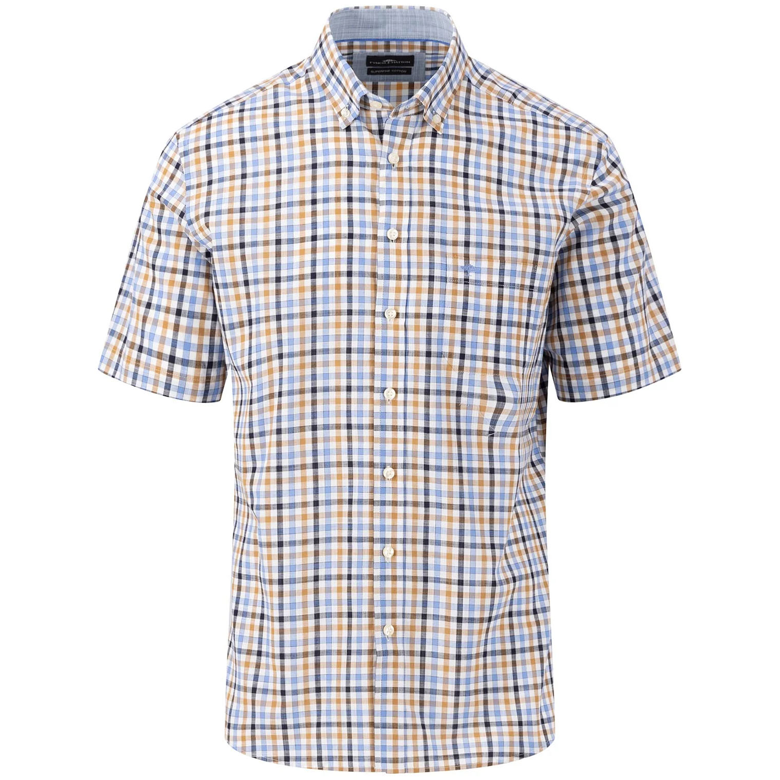 Fynch-Hatton Men's Superfine Cotton Short Sleeve Check Shirt - (Navy) | 3