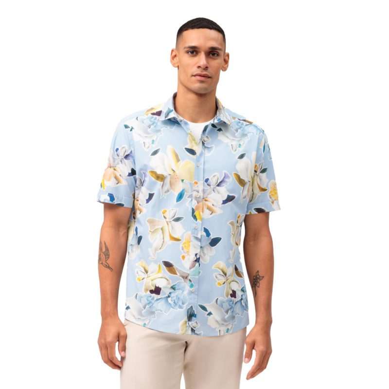 Olymp Men's Regular Fit Short Sleeve Floral Print Shirt - (Blue) | 1